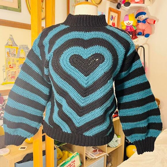 Handmade Crochet Heart Sweater Black Teal Balloon Sleeve Chunky Knit Turtleneck - Picture 2 of 7